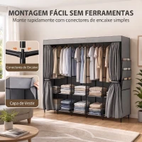HOMCOM Roupeiro de Tecido com 5 Varões 5 Prateleiras 6 Bolsos Laterais Fecho de Correr Estrutura em Aço 212x45x167 cm Cinza(m-7)