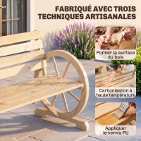 Outsunny Banc de Jardin banc 3 places en bois Style Rustique Chic accoudoirs Roues Charette Bois Sapin effet bois naturel(m-5)