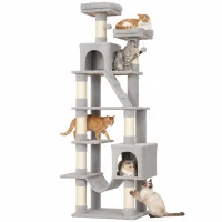 PawHut Kratzbaum 204 cm Katzenbaum mit Höhlen Leiter mehrstöckiger Katzenkratzbaum für 1–3 Katzen je bis 6 kg Hellgrau(m-12)