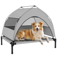 PawHut Verhoogd Hondenbed Outdoor met Dak, Koelend Hondenbed met Stalen Frame, 76x61x70cm, Lichtgrijs(m-11)