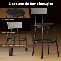 HOMCOM Set masă înaltă și 4 scaune de bar cu spătar și suport pentru picioare, stil industrial, gri ciment(m-5)