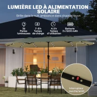 Outsunny Parasol de Jardin Double 36 LED Solaires Rectangulaire UPF 50+ Structure à 12 Baleines avec Manivelle 395x215cm Beige(m-4)