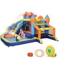 AIYAPLAY Castillo Hinchable Acuático 8 en 1 con Soplador 550W Tobogán Trampolín Escalada Piscina Portería Canasta Lanzamiento(m-11)
