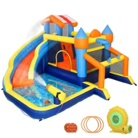 AIYAPLAY Castillo Hinchable Acuático 8 en 1 con Soplador 550W Tobogán Trampolín Escalada Piscina Portería Canasta Lanzamiento(m-1)