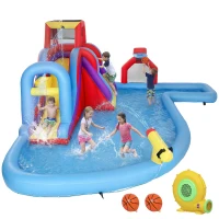 AIYAPLAY Castillo Hinchable Acuático con Soplador 550W Tobogán Pared de Escalada Piscina Aro de Baloncesto Portería de Fútbol(m-11)