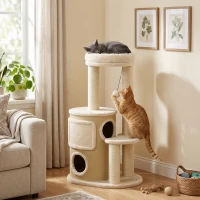 PawHut Rascador para Gatos 90cm Multinivel con 4 Postes Rascadores en Sisal, 2 Cuevas, Caseta, Pompon, Tapete, Beige(m-2)