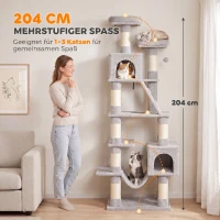 PawHut Kratzbaum 204 cm Katzenbaum mit Höhlen Leiter mehrstöckiger Katzenkratzbaum für 1–3 Katzen je bis 6 kg Hellgrau(m-4)