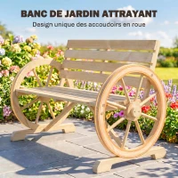 Outsunny Banc de Jardin banc 3 places en bois Style Rustique Chic accoudoirs Roues Charette Bois Sapin effet bois naturel(m-6)