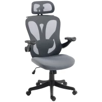 HOMCOM Chaise Bureau Ergonomique avec Accoudoirs 3D et Appui-Tête Réglable, Fauteuil de Bureau en Maille, Gris(m-1)