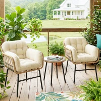 Outsunny Salon de Jardin Extérieur 3 Pièces en Résine Tressée, Table en Verre Trempé, 2 Fauteuils avec Coussins, 62x73x79cm, Crème(m-9)