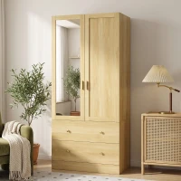HOMCOM Armario de Dormitorio con Espejo 2 Puertas 2 Cajones y Barra para Colgar 80x50x180 cm Roble(m-5)