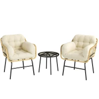 Outsunny Salon de Jardin Extérieur 3 Pièces en Résine Tressée, Table en Verre Trempé, 2 Fauteuils avec Coussins, 62x73x79cm, Crème(m-1)