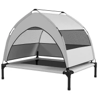 PawHut Verhoogd Hondenbed Outdoor met Dak, Koelend Hondenbed met Stalen Frame, 76x61x70cm, Lichtgrijs(m-10)