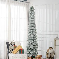 HOMCOM Brad de Crăciun Îngust Împodobit cu Zăpadă 240 cm cu 603 Crengi și Suport Metalic Pliabil pentru Living Interior Verde(m-2)