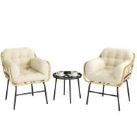 Outsunny Salon de Jardin Extérieur 3 Pièces en Résine Tressée, Table en Verre Trempé, 2 Fauteuils avec Coussins, 62x73x79cm, Crème(m-15)