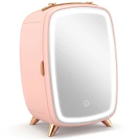 HOMCOM Frigider mic pentru cosmetice cu capacitate 6L cu ușă cu oglindă și lumini LED reglabile 24,3x19,4x35,6 cm Roz(m-7)