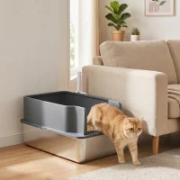 PawHut Katzentoilette aus Edelstahl L mit Siebschale Hoher Rand Schaufel 10 Saugunterlagen Dunkelgrau(m-6)