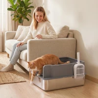 PawHut Katzentoilette aus Edelstahl L mit Siebschale Hoher Rand Schaufel 10 Saugunterlagen Dunkelgrau(m-4)