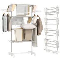HOMCOM Mobiler Wäscheständer mit Rollen, 4 Ebenen, klappbar, Edelstahl, rostfrei, weiß+silber, 142 x 55 x 172 cm(m-12)
