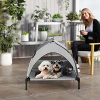 PawHut Verhoogd Hondenbed Outdoor met Dak, Koelend Hondenbed met Stalen Frame, 76x61x70cm, Lichtgrijs(m-8)