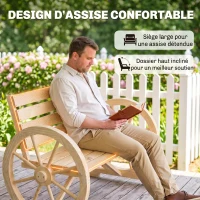 Outsunny Banc de Jardin banc 3 places en bois Style Rustique Chic accoudoirs Roues Charette Bois Sapin effet bois naturel(m-7)