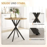 HOMCOM Ronde keukentafel, 80 cm, compact tafelblad, spaanplaat, metaal, witte eik + zwart(m-6)