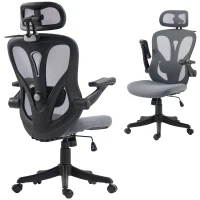 HOMCOM Chaise Bureau Ergonomique avec Accoudoirs 3D et Appui-Tête Réglable, Fauteuil de Bureau en Maille, Gris(m-17)