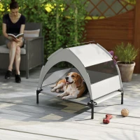 PawHut Verhoogd Hondenbed Outdoor met Dak, Koelend Hondenbed met Stalen Frame, 76x61x70cm, Lichtgrijs(m-9)