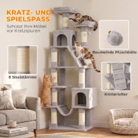 PawHut Kratzbaum 204 cm Katzenbaum mit Höhlen Leiter mehrstöckiger Katzenkratzbaum für 1–3 Katzen je bis 6 kg Hellgrau(m-6)