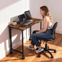 HOMCOM Birou Pliant 80 x 52 cm, Birou pentru calculator pe roți cu șliț pentru dispozitiv, montaj ușor, maro(m-6)