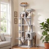PawHut Kratzbaum 204 cm Katzenbaum mit Höhlen Leiter mehrstöckiger Katzenkratzbaum für 1–3 Katzen je bis 6 kg Hellgrau(m-2)