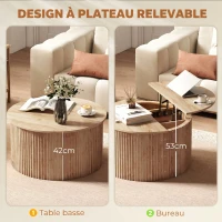 HOMCOM Table basse relevable, table de salon avec compartiment caché et plateau à fermeture douce, bois naturel(m-4)