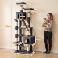 PawHut Copac zgârietor pentru pisici 204 cm multietajat cu 2 cuiburi hamac 2 paturi stâlpi sisal scară 2 bile gri închis(m-3)