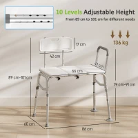 HOMCOM Banco de Transferencia para Bañera Altura Ajustable en 10 Niveles Asiento Amplio Respaldo y Reposabrazos 86x60x89-101 cm Blanco(m-3)