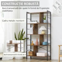 HOMCOM Bibliotecă cu 5 Rafturi, Compartimente Deschise, 77 x 30 x 157,5 cm, Maro Rustic și Negru(m-4)