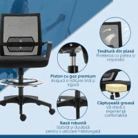 Vinsetto Scaun de Birou Reglabil din Material Textil cu Plasă și Brațe, cu Suport pentru Picioare, 64x59x104-124 cm, Negru(m-8)