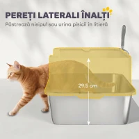 PawHut Litieră pentru Pisici Închisă din Oțel Inoxidabil XL cu Lopățică și Laterale Înalte, Gri(m-5)