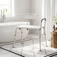 HOMCOM Banco de Transferencia para Bañera Altura Ajustable en 10 Niveles Asiento Amplio Respaldo y Reposabrazos 86x60x89-101 cm Blanco(m-10)