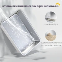 PawHut Litieră pentru Pisici Închisă din Oțel Inoxidabil XL cu Lopățică și Laterale Înalte, Gri(m-4)