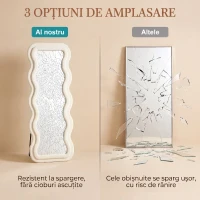 HOMCOM Oglindă de Podea Autoportantă cu Ramă Ondulată din Catifea, 160x60 cm, Sticlă Securizată, Crem(m-7)