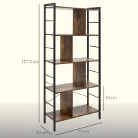 HOMCOM Bibliotecă cu 5 Rafturi, Compartimente Deschise, 77 x 30 x 157,5 cm, Maro Rustic și Negru(m-3)
