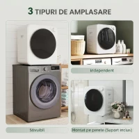 HOMCOM Mini Uscător de Rufe Portabil, Capacitate 2.5 kg, 5 Programe, 800/400 W, Tambur din Oțel Inoxidabil, Alb(m-5)