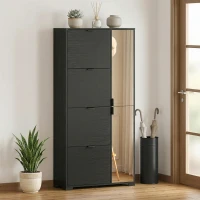 HOMCOM Meuble à chaussures 16 paires armoire à chaussures 4 tiroirs rabattables 2 portes en miroir étagères réglables noir(m-8)