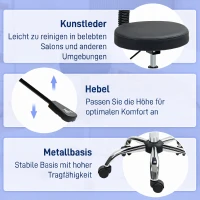 HOMCOM Rollhocker Höhenverstellbarer Drehhocker mit Lehne, Drehbarer Arbeitshocker Kunstleder Schwarz 46 x 51 x 78-93 cm(m-6)