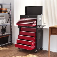 HOMCOM Gereedschapswagen, Tweedelig, Afsluitbaar, 14 Laden, Zijwand met Gaten, Staal, Rood(m-8)