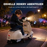 AIYAPLAY Mota Elétrica Infantil VESPA com Arranque Suave, Rodinhas, Luz, Música e USB - Branco(m-7)