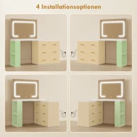 HOMCOM Kaptafel met verstelbare LED-spiegel, stopcontacten, 6 lades, 2 open planken, wit(m-7)