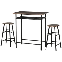HOMCOM Bartafel Set, 3-delig, Tafel & 2 Krukken, Opbergrek, Industrieel Ontwerp, Zwart/Eiken(m-10)