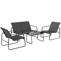 Outsunny Conjunto Jardín Exterior de 4 Piezas con Sofá de 2 Plazas 2 Sillones Mesa de Vidrio Templado Tela Textilene Gris Oscuro(m-1)