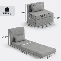 HOMCOM Fotoliu Pat Pliabil de Podea cu 3 Secțiuni Economisitor de Spațiu, din Material Textil, 80x75x74 cm, Gri(m-3)